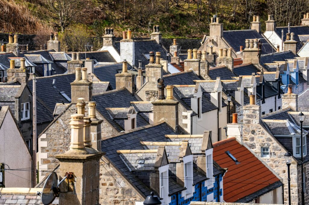 View of the small quiet coastal town village of Buckie, Scotland UK.