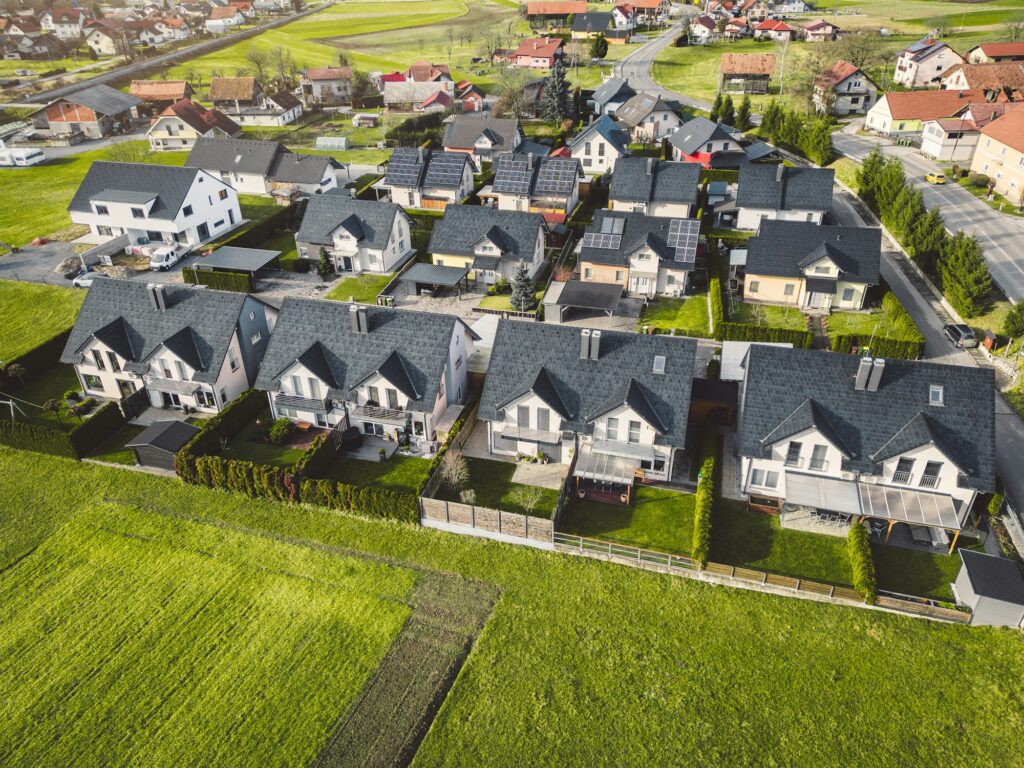 Aerial view of a new build residential houses in the countryside of Slovenia