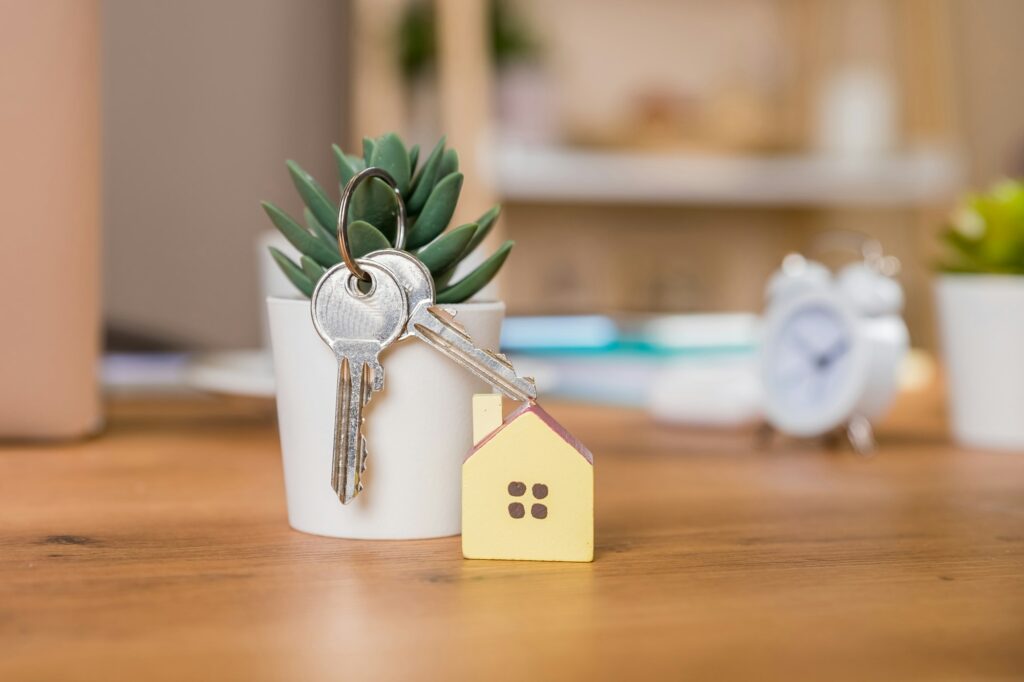 Key and house shaped keychain arrangement on blurred background. mortgage, buy sell house, realtor